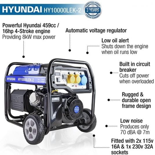 Hyundai HY10000LEK 2 8kW 10kVA Recoil & Electric Start Site Petrol Generator features