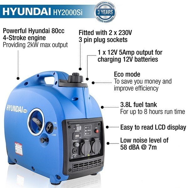 Hyundai HY2000Si 2000w Portable Petrol Inverter Generator features