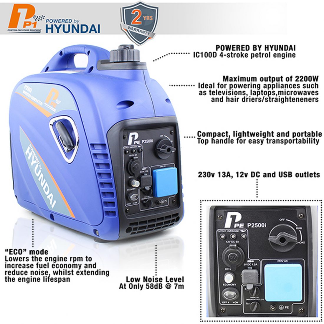 P2500i P1PE 2200W Petrol Inverter Generator Powered by Hyundai