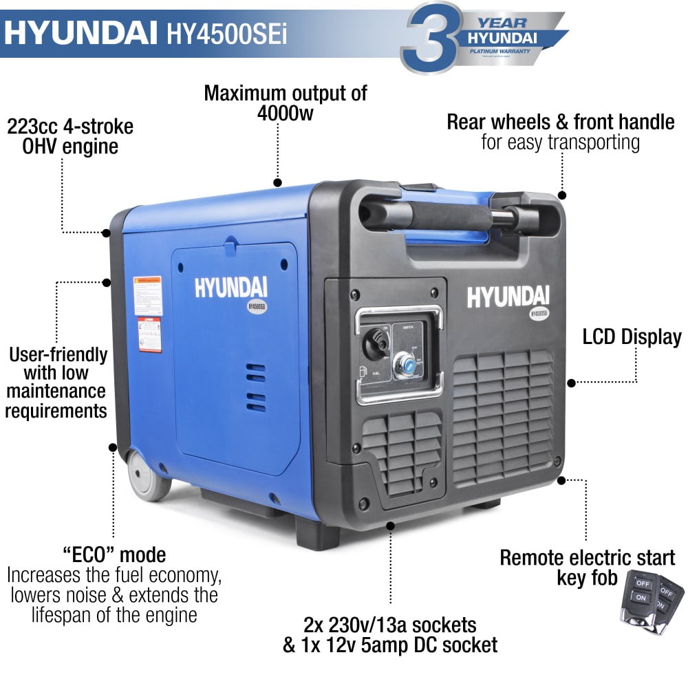 Hyundai HY4500SEI 230V Petrol Driven 4000W 4.0kW 5kVA Portable Silenced Generator