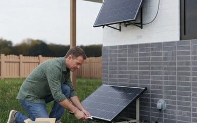 A man installing plug-in solar kits to his home