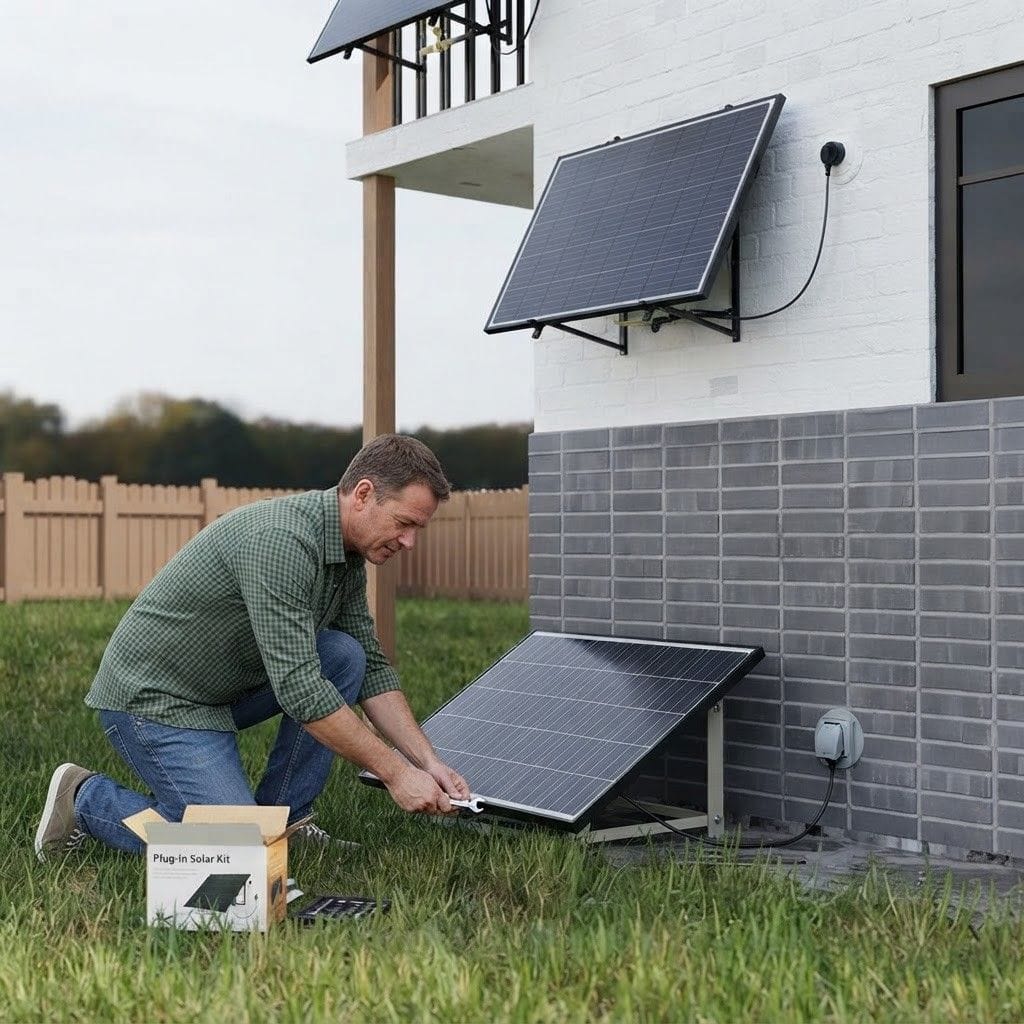 A man installing plug-in solar kits to his home